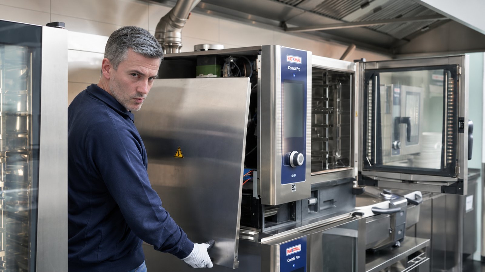CCE engineer servicing Rational Combi Pro oven — commercial reactive maintenance