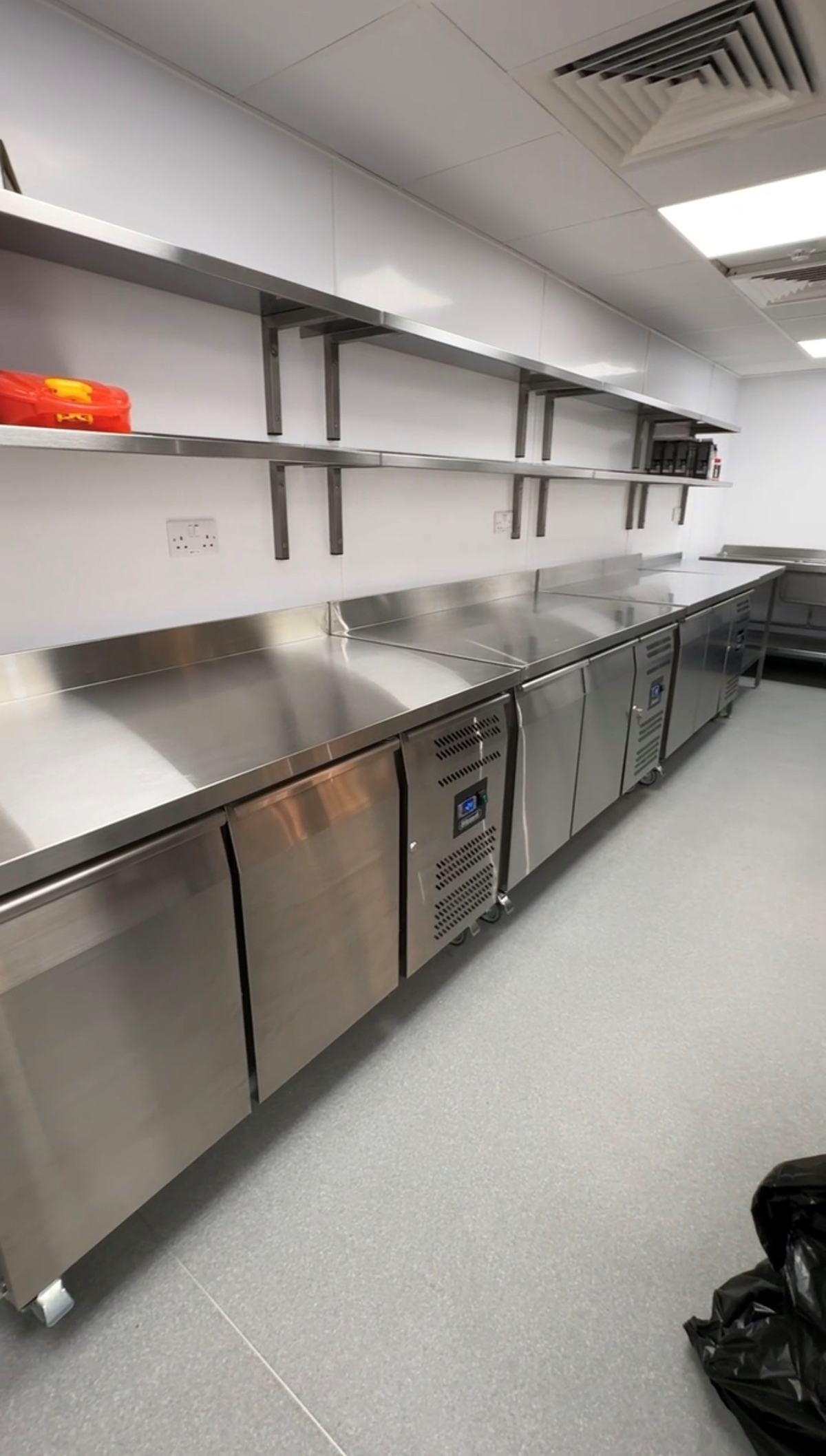 Prep room — Blizzard under-counter refrigeration and stainless steel worktops throughout