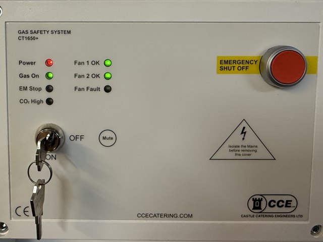 CT1650+ gas safety system panel live with fan and gas status indicators lit