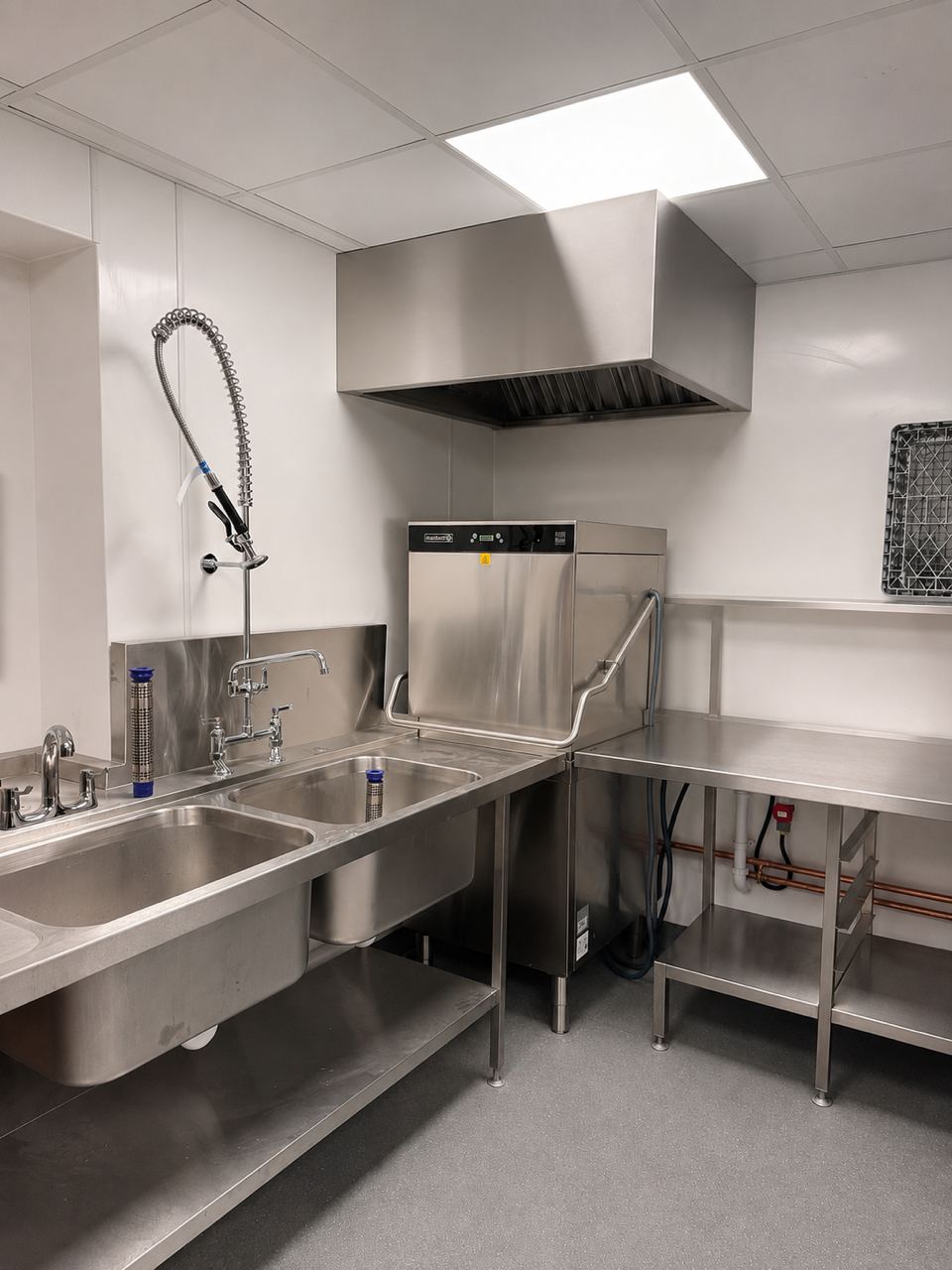 Glasswash room — Maidaid hood dishwasher, double prep sink and extraction canopy