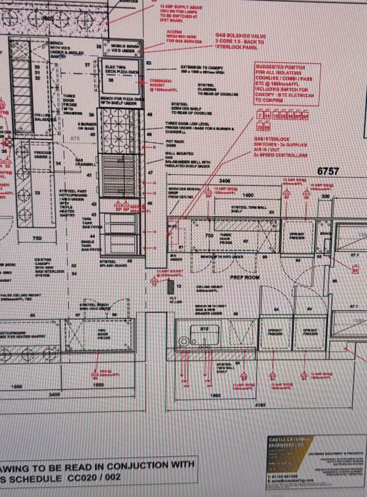 Castle Catering Engineers technical kitchen design drawing — detailed equipment layout with gas interlocking and service positions