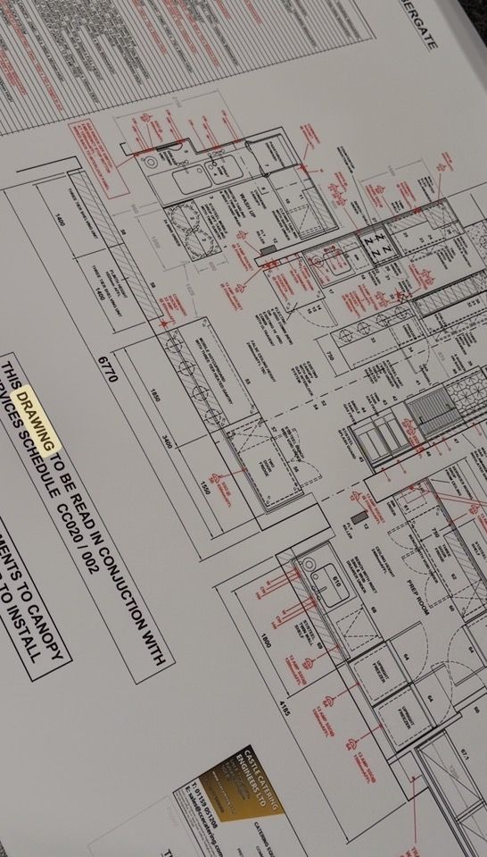 Castle Catering Engineers kitchen design drawing — annotated layout plan showing canopy, services schedule CC020/002