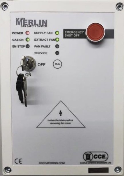CCE Merlin CT1250 gas interlock and safety system control panel with emergency shut-off, fan monitoring and gas isolation, manufactured by Castle Catering Engineers