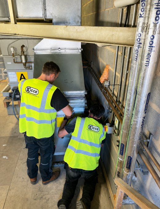 CCE engineers installing kitchen canopy extraction ductwork